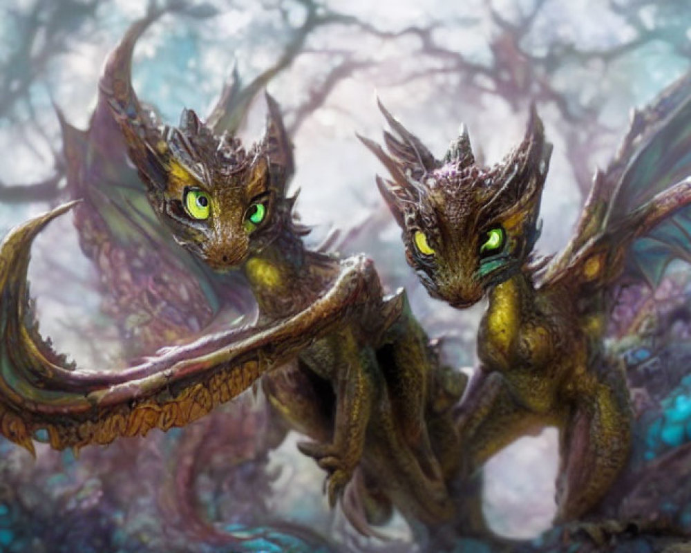 Intricately detailed dragons in misty enchanted forest with green eyes