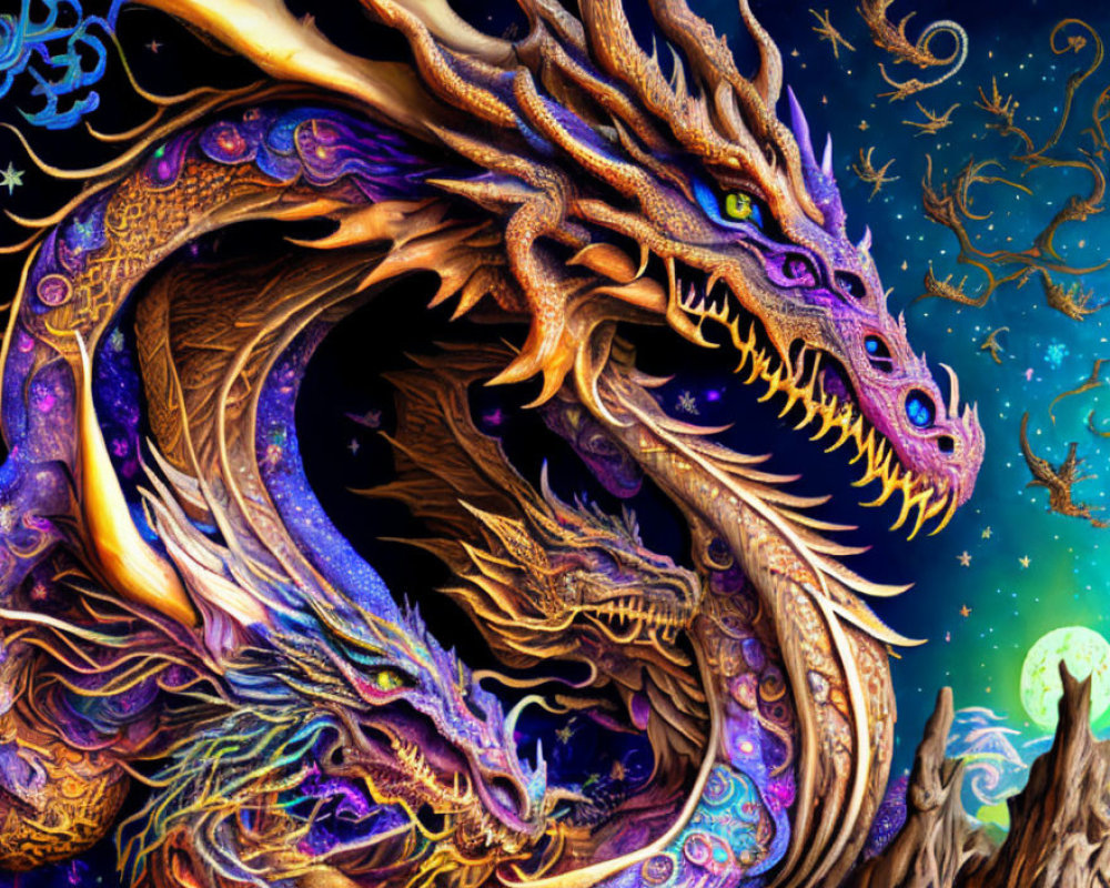 Colorful Mythical Dragon in Dynamic Pose Against Celestial Backdrop