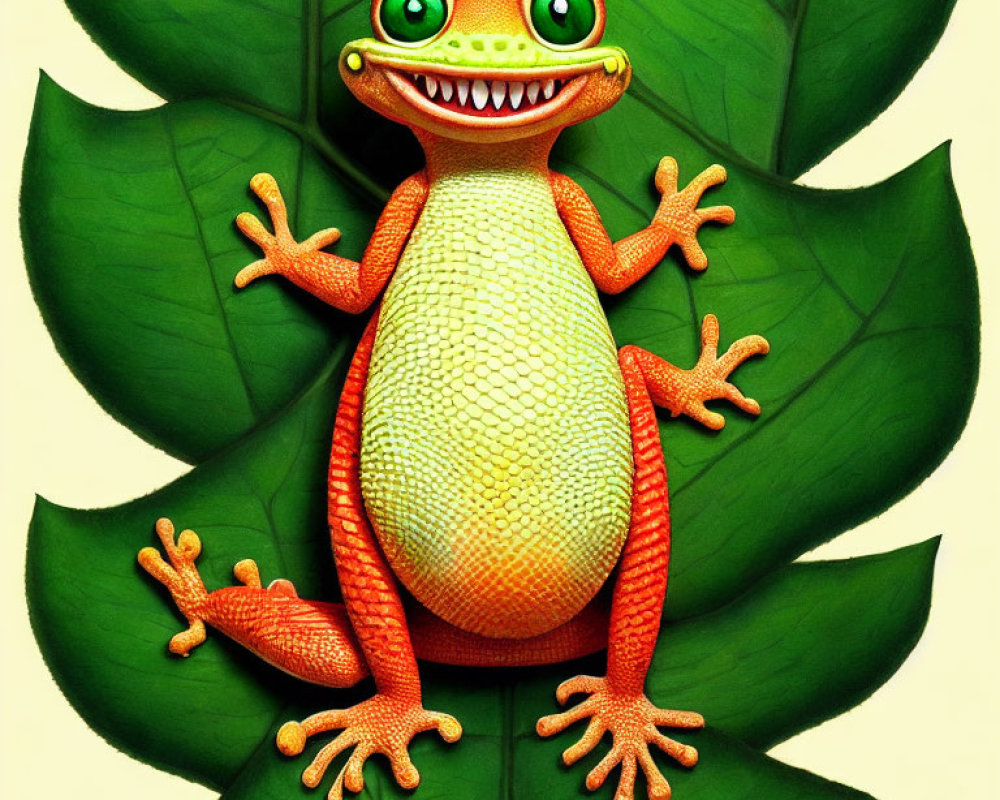 Colorful Cartoon Illustration of Smiling Orange Frog on Green Leaves