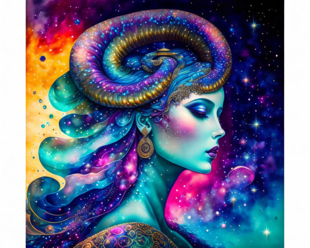 Colorful cosmic artwork: Woman with ram-like horn in galaxy surrounded by stars and nebulae