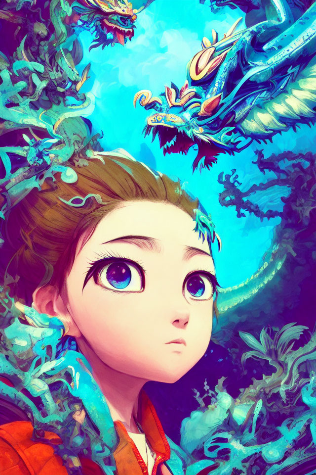 Colorful Dragon Creatures Surround Wide-Eyed Girl in Fantasy Scene