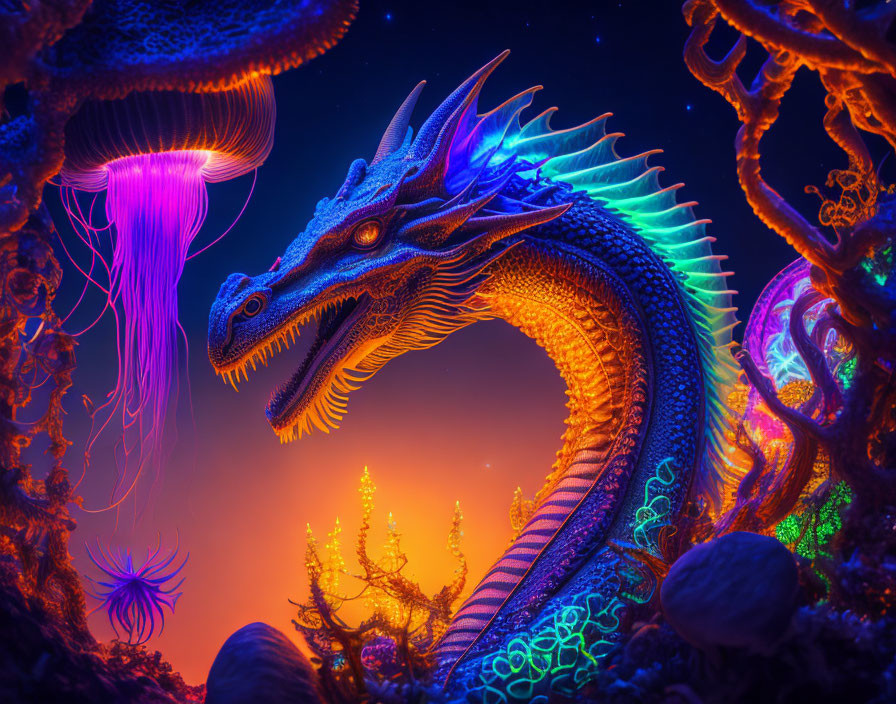 Colorful illuminated dragon in underwater fantasy scene with jellyfish and coral.