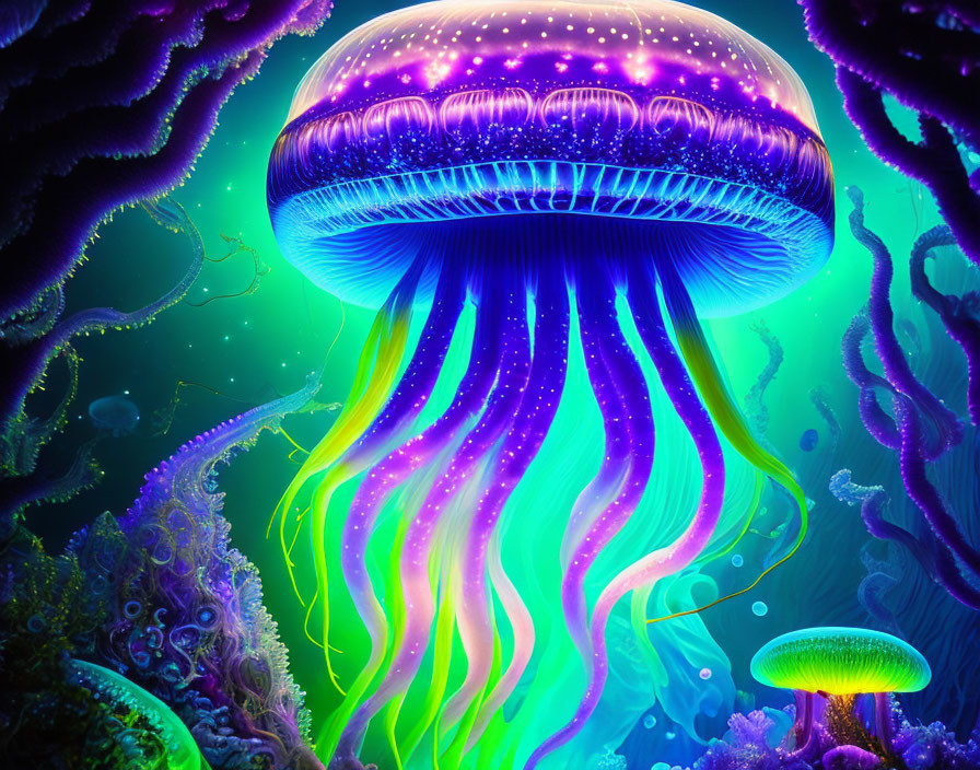 Colorful Neon Jellyfish Illustration in Underwater Scene