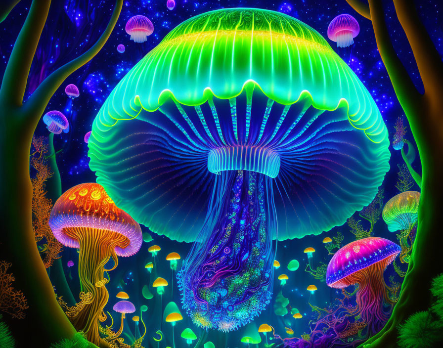 Neon-colored digital artwork of jellyfish in underwater setting