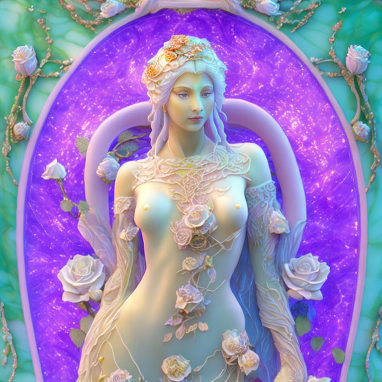 Mythical female figure with roses and vines in ornate oval frame on cosmic background