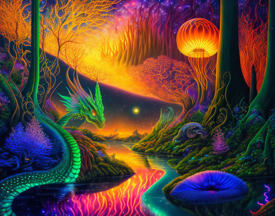 Fantasy landscape with glowing trees, dragon, and oversized mushrooms