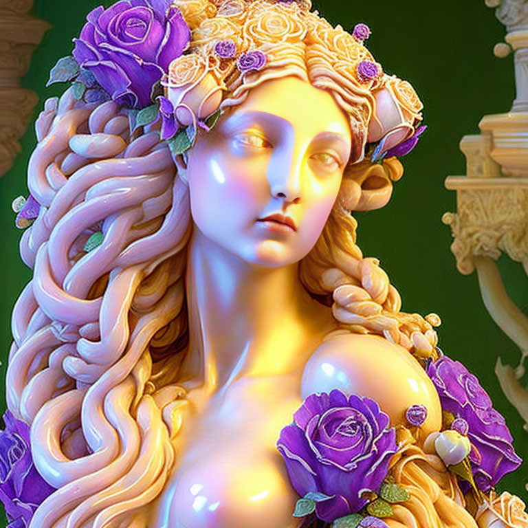 Classical-style female bust with long wavy hair and purple rose adornments