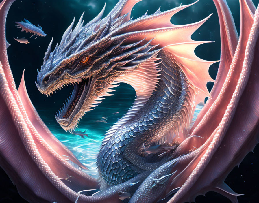 Majestic dragon with shimmering scales and intricate wings in moonlit sky