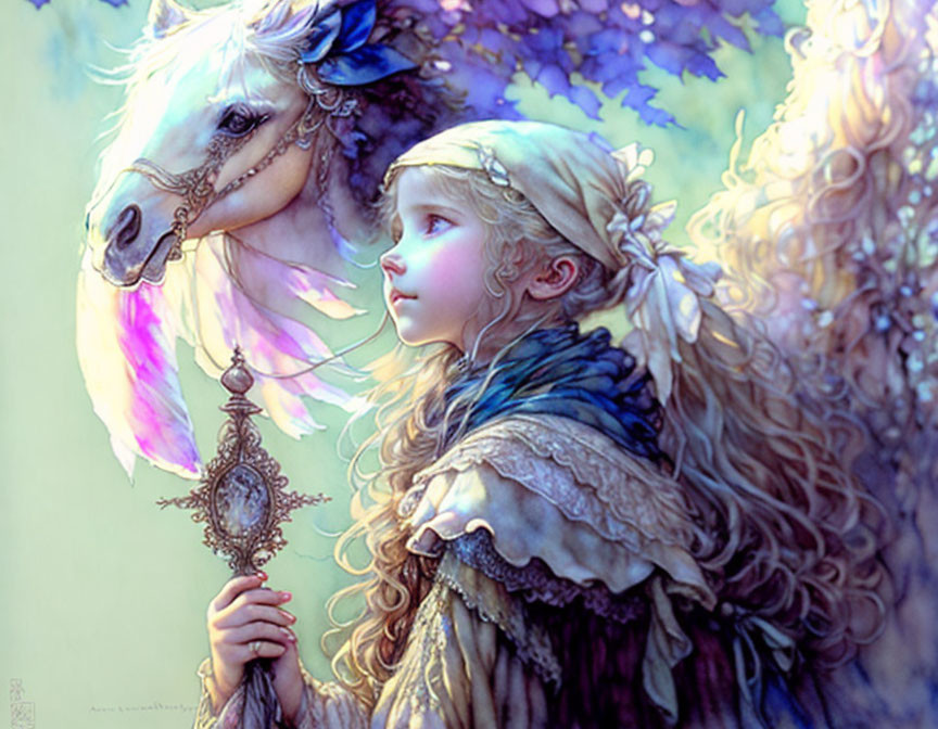 Historically dressed girl with ornate mirror beside white horse in ethereal setting