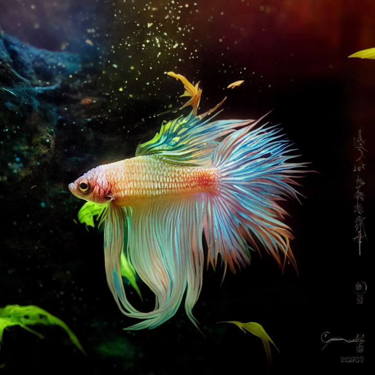 Colorful Siamese Fighting Fish Swimming Among Underwater Foliage