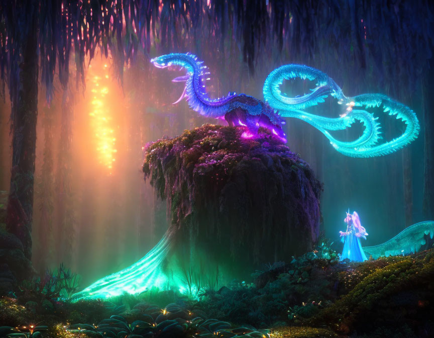 Blue dragon on mossy cliff in magical forest with glowing plants and fairy.