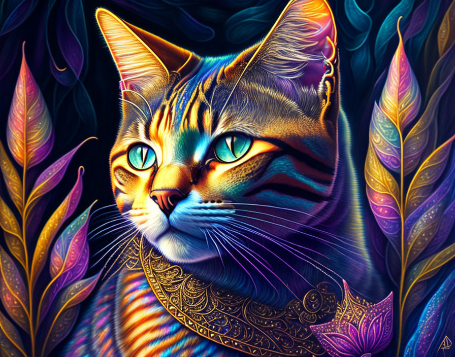 Colorful ornate cat digital art with intricate patterns and vibrant background.