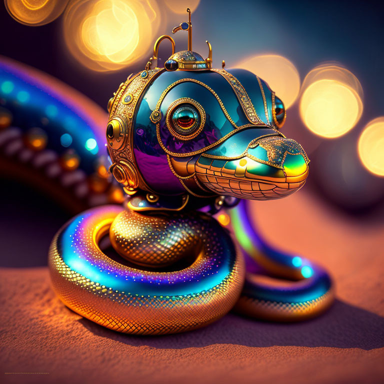 Intricate Metallic Snake with Colorful Glowing Scales