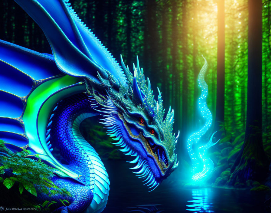 Blue Dragon with Glowing Horns by Mystical Forest Pond