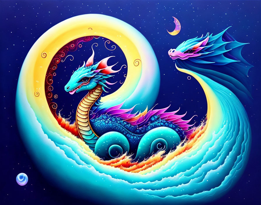 Vibrant dragon and crescent moon art in starry night scene