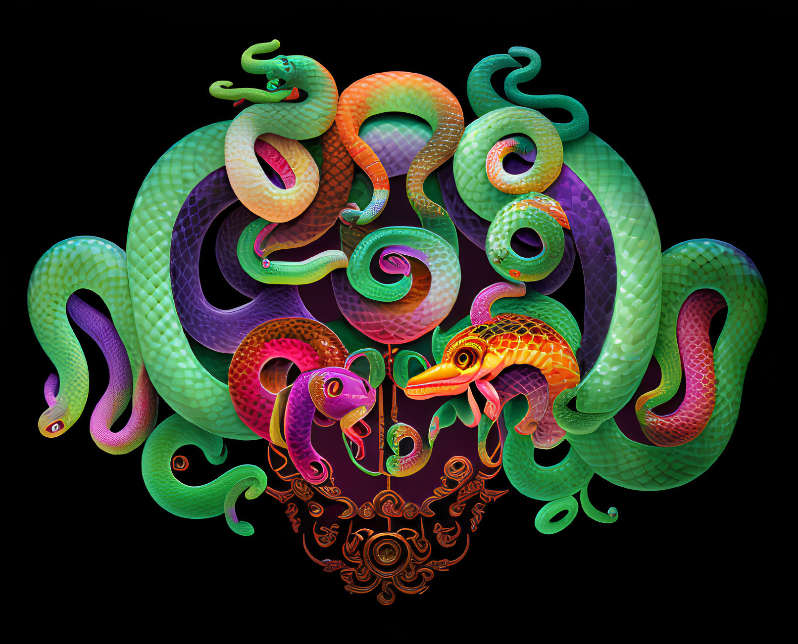 Vibrant digital art: Intertwined snakes create brain-like form on black backdrop