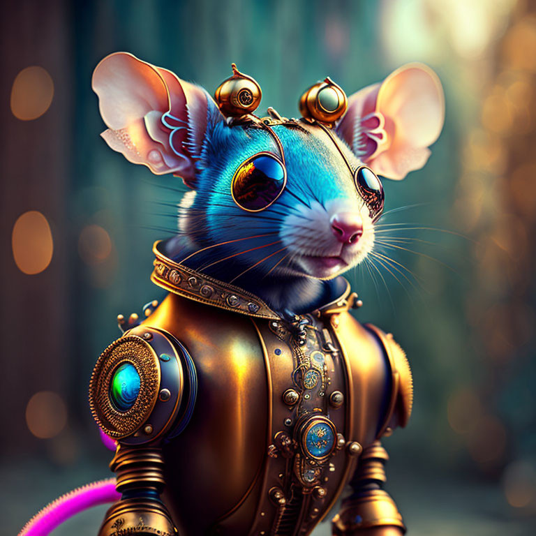 Steampunk-inspired digital art of a mouse in brass armor