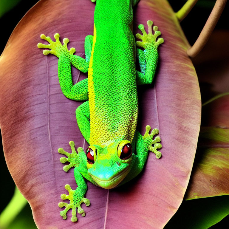 Colorful Green Gecko with Red Eyes on Purple Leaf