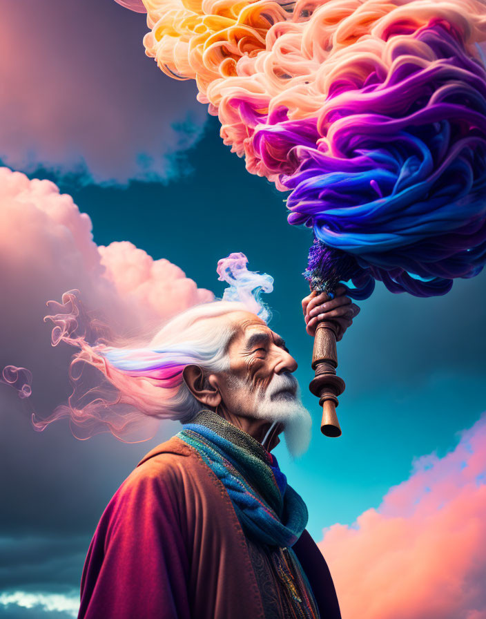 Elderly man with white beard blowing colorful smoke in vibrant swirl against dramatic sky