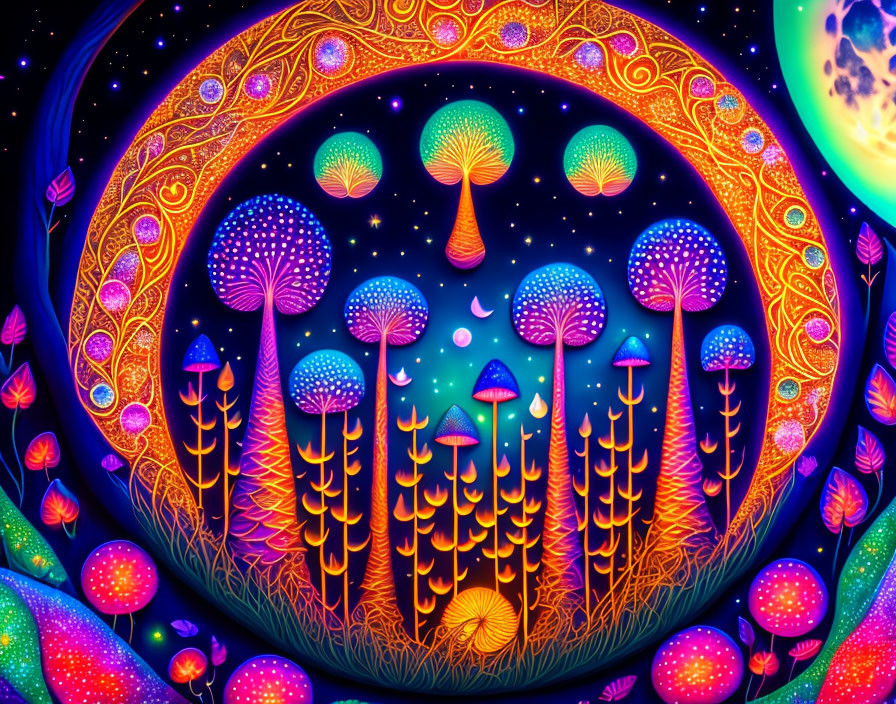 Colorful Psychedelic Mushroom Art Under Celestial Sky