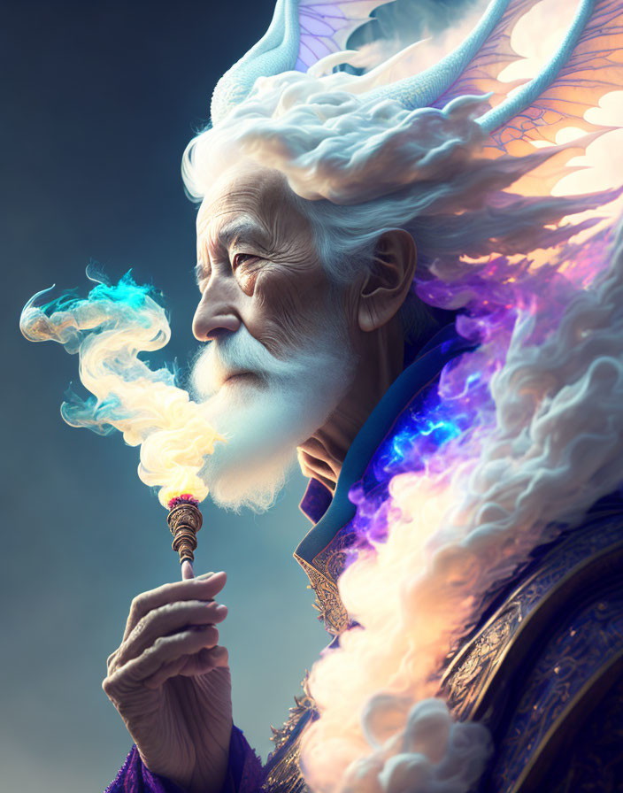 Elderly figure with white beard, wings, and staff in magical scene