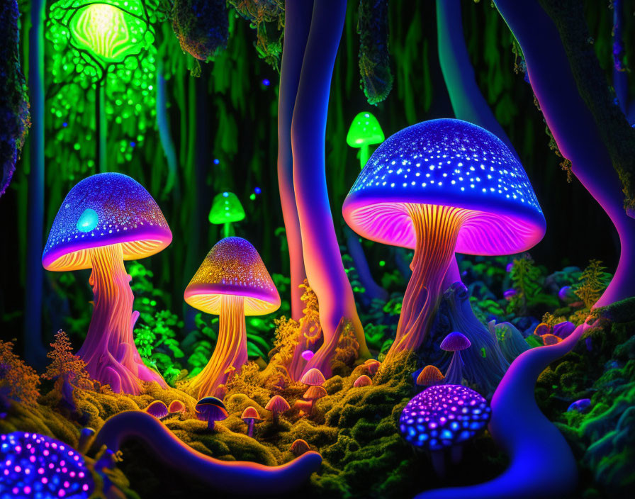 Colorful Mushrooms in Vibrant Digital Forest Scene