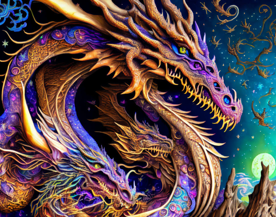 Colorful Mythical Dragon in Dynamic Pose Against Celestial Backdrop