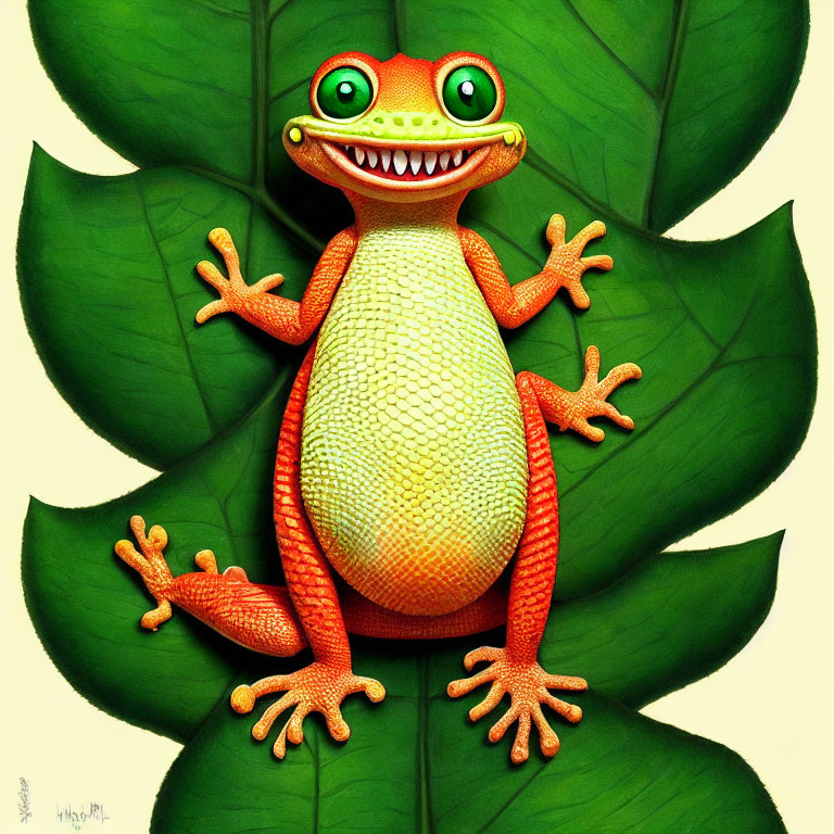 Colorful Cartoon Illustration of Smiling Orange Frog on Green Leaves