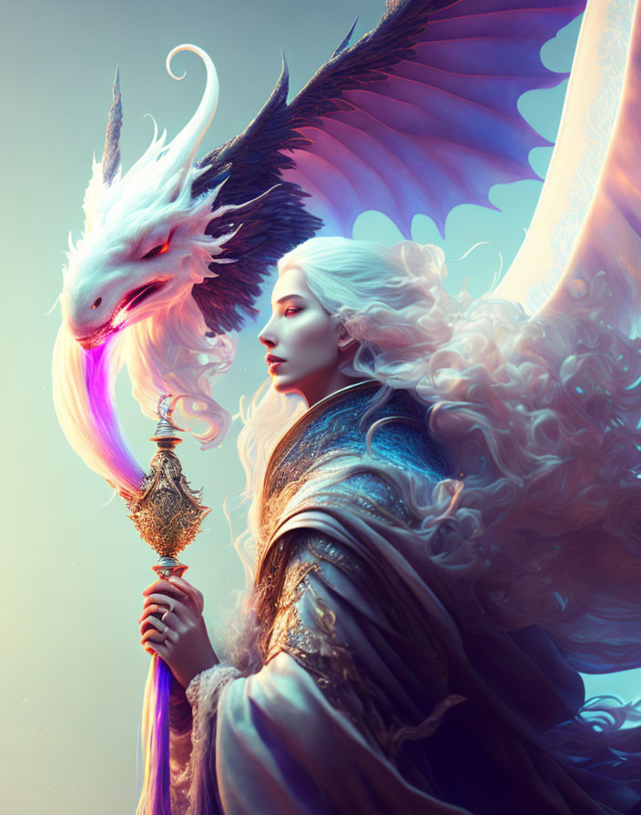 Silver-haired woman and white dragon in magical scene.