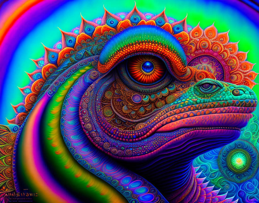 Colorful Psychedelic Chameleon Artwork with Swirling Patterns