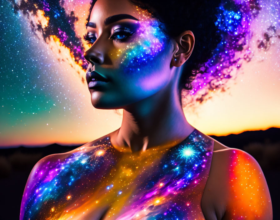 Cosmic-themed body paint on woman in galaxy hues, desert twilight backdrop