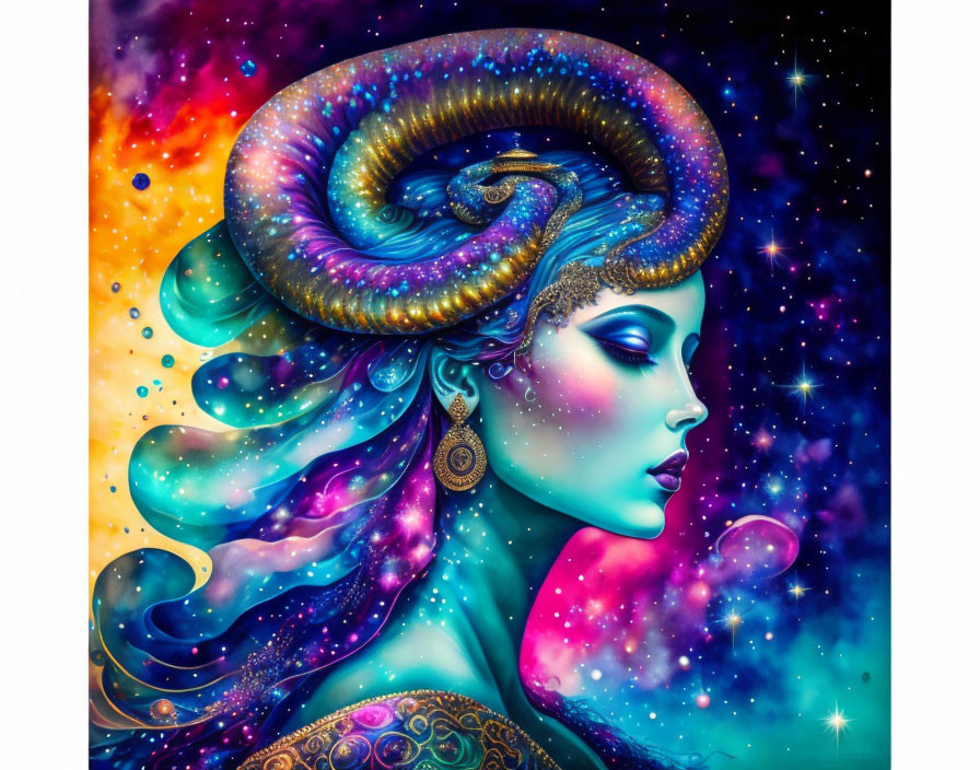 Colorful cosmic artwork: Woman with ram-like horn in galaxy surrounded by stars and nebulae