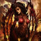 Mystical female figure with fiery wings and ornate headdress in swirling flames