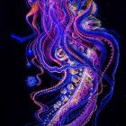 Colorful Jellyfish with Glowing Tentacles and Patterns on Dark Background