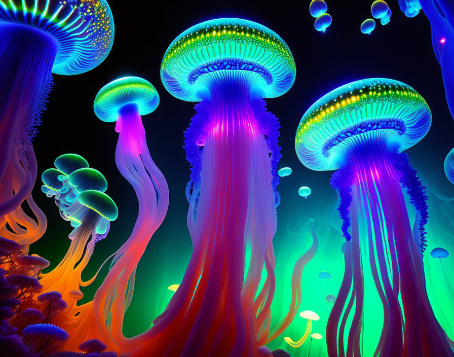 Colorful Jellyfish with Luminous Tentacles in Dark Underwater Scene