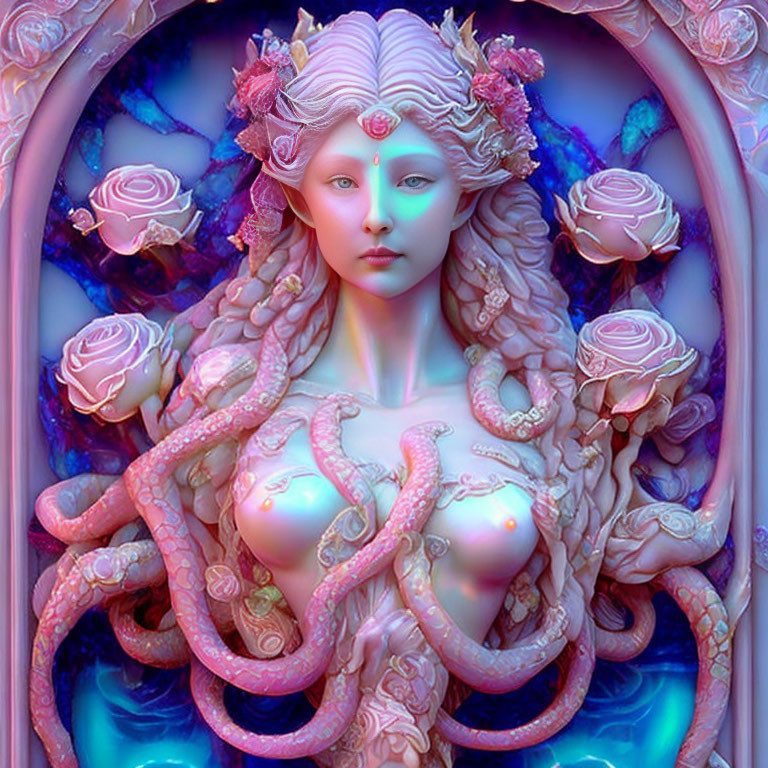 Pale ethereal entity with white hair and pink tentacles on vibrant backdrop