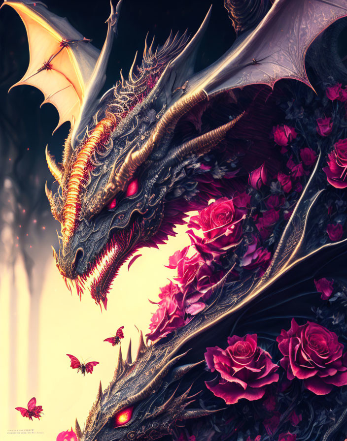 Majestic dragon with horns and red eyes among dark roses and fluttering butterflies