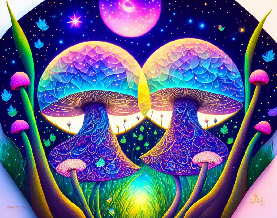 Colorful Psychedelic Mushroom Fantasy Landscape with Moon