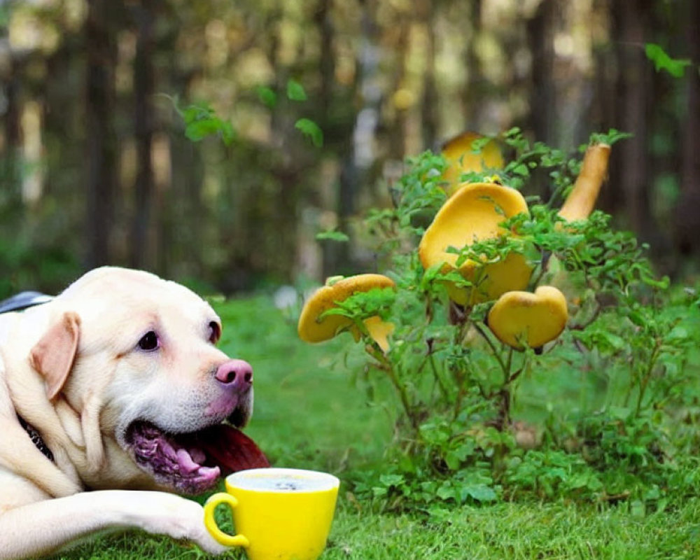 Labrador dog resting near yellow cup with large mushrooms in background