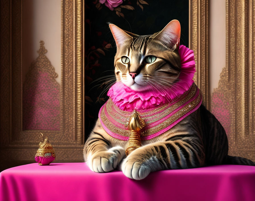 Regal tabby cat in pink collar and costume on table with golden item and elegant painting.