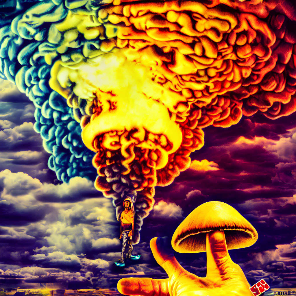 Surreal artwork featuring giant mushroom cloud, human figure, hand, and brain-like clouds