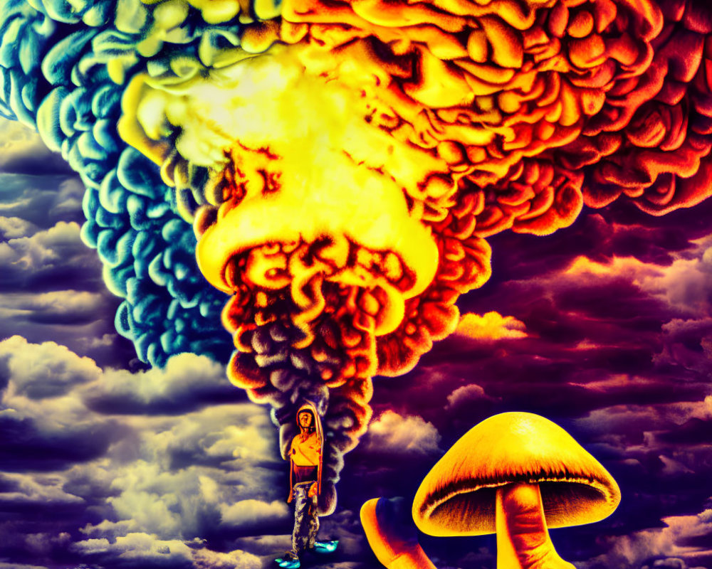 Surreal artwork featuring giant mushroom cloud, human figure, hand, and brain-like clouds