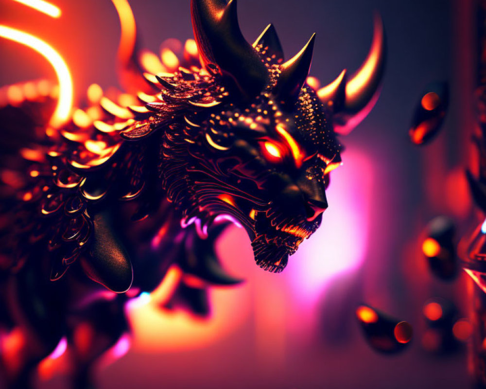 Intricate Dragon Sculpture in Neon Red and Purple Environment