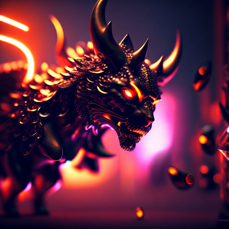 Intricate Dragon Sculpture in Neon Red and Purple Environment