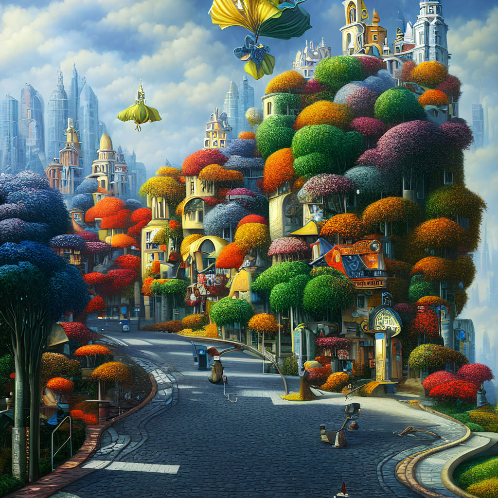 Colorful cityscape with tree-top houses, cobbled street, flying vehicles, and daily life activities