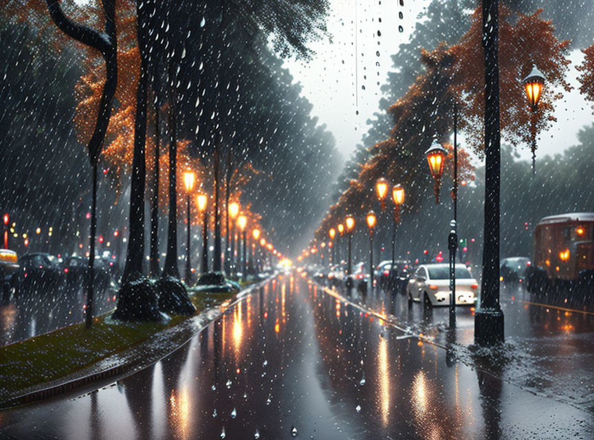 Rainy Evening on Tree-Lined Street with Warm Streetlamps