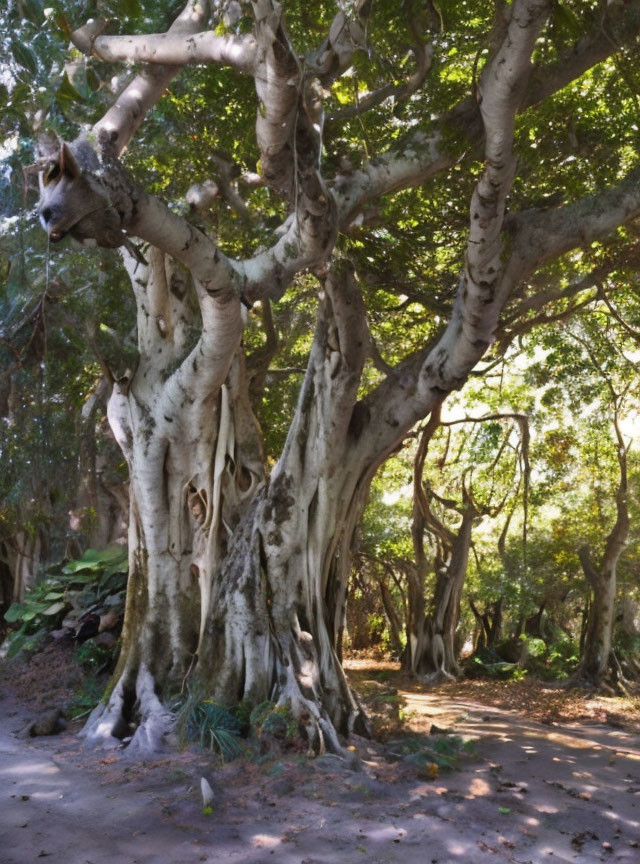 Twisted, intertwined trunks of ancient tree in lush forest