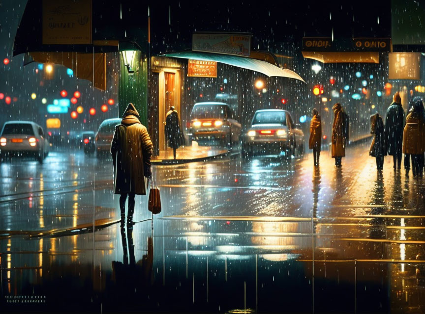 Person with umbrella on rainy city street at night