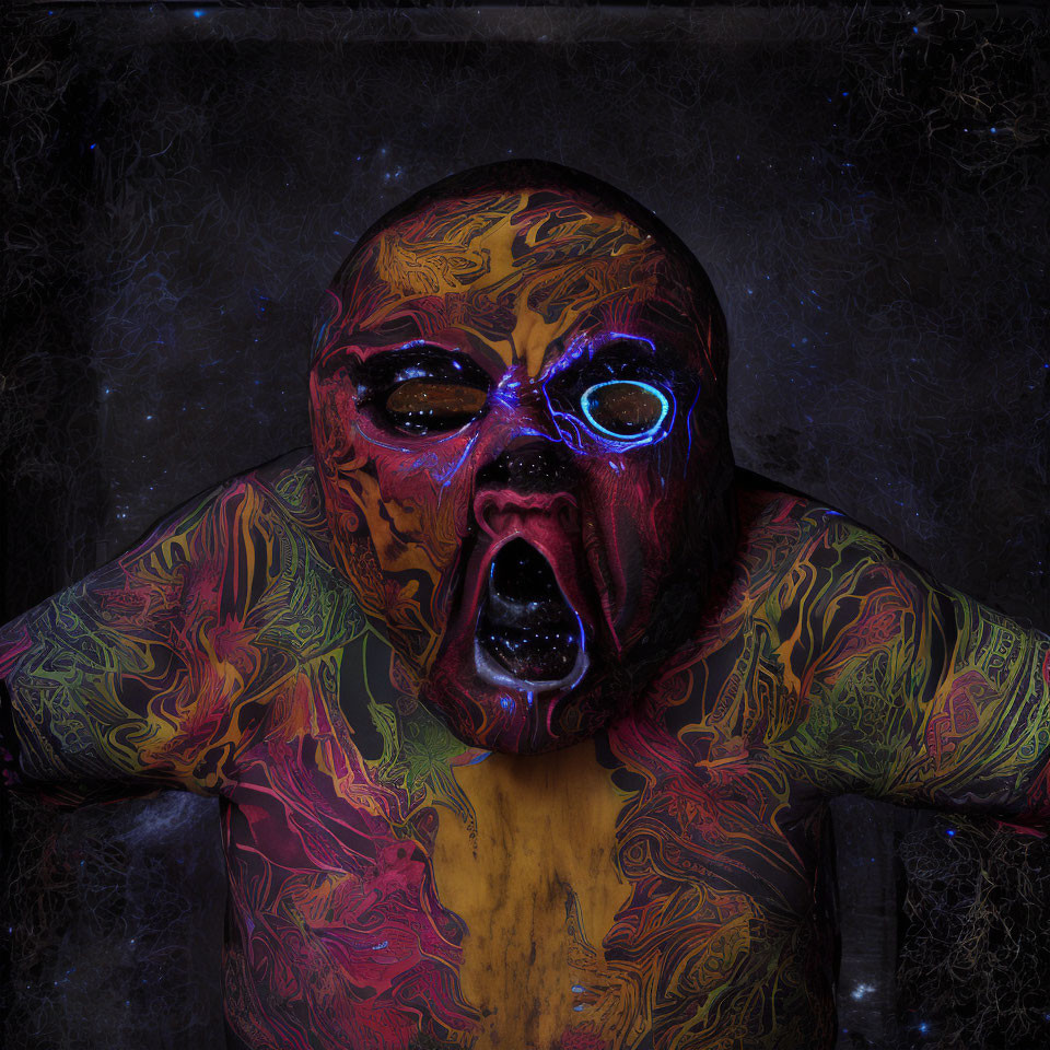 Neon body paint and tattoos on person against dark background