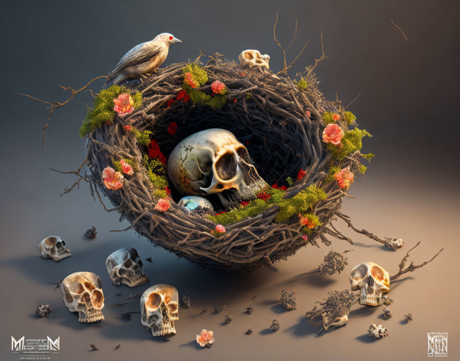 Bird perched on nest with floral skull motif